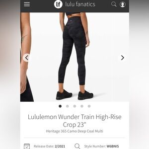Lululemon Wunder Train High-Rise Crop 23" Sz 6 Deep Coal Camo